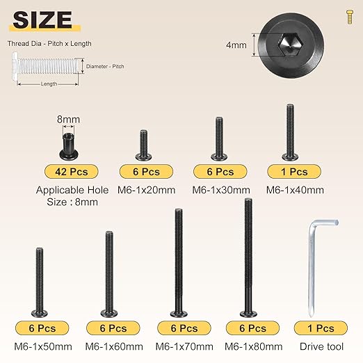 METALLIXITY Furniture Crib Screws Replacement Set with Wrench(M6-1x20/30/40/50/60/70/80mm) 84Pcs, Galvanization Connector Bolts M6 Barrel Nuts Binding Screws, for Chair Cabinet Bed, Black