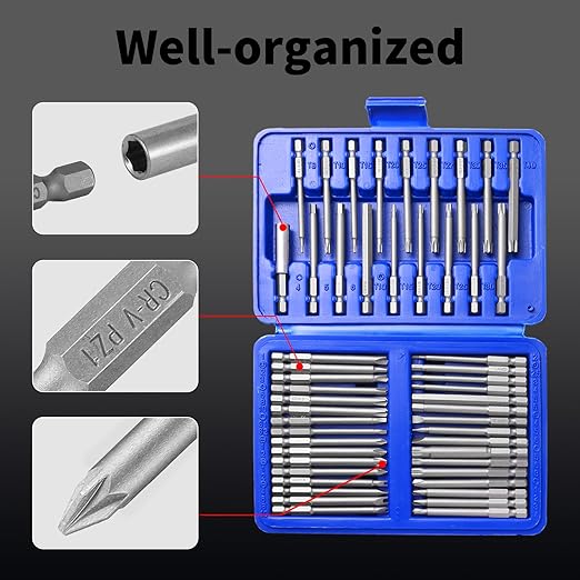 Impact Driver Bit Set 50 pcs Magnetic CRV Steel 1/4'' Hex-Shank Phillips Slotted Hex Torx Star Tamperproof Pozi Square Spanner Torque Tri-Wing Clutch Spline Bits Set with Magnetic Bit Holder