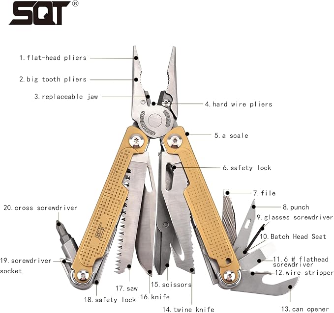 SQT Multitool, Gifts for Men, Foldable & Self-Locking, Professional Multitool for DIY, Outdoor Camping, and Home Repairs... (SQT2048-Glod)