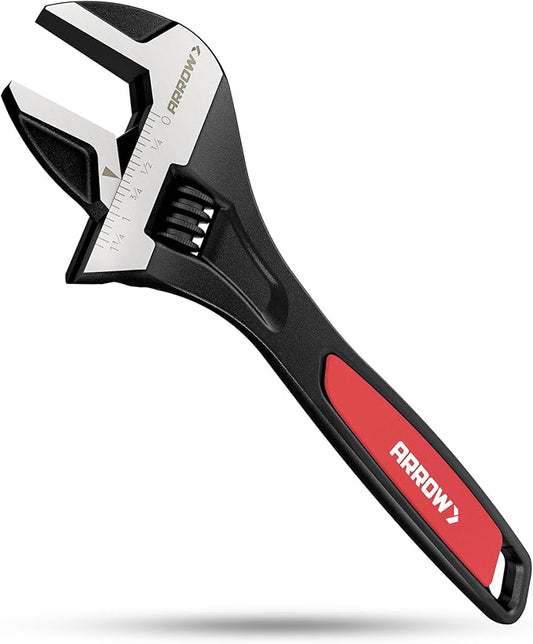 ARROW 10-Inch Adjustable Wrench, Cr-V Steel, Wide Jaw Black Oxide Wrench with Inch/Metric Laser Scales, Non-Slip Grip & Hanging Hole, for Home, Garage, Workshop and DIY