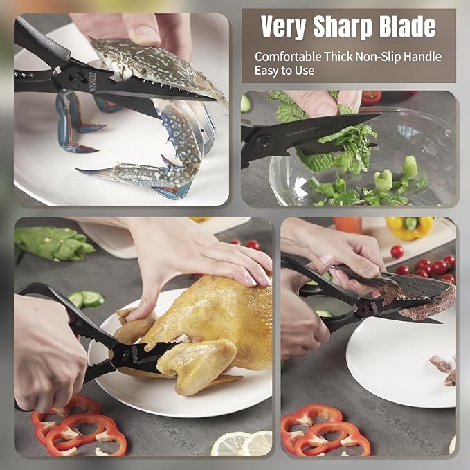 Kitchen Scissors All Purpose, Extra Sharp Kitchen Shears with Knife Sharpener & Sheath, Solid & Durable Stainless Steel Scissors with ANTI-RUST Black Titanium Plated, Dishwasher Safe - Black