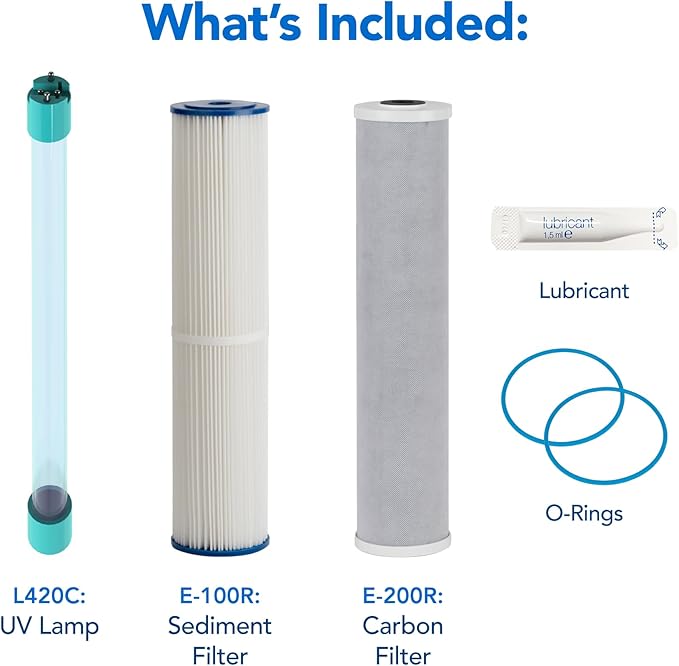 Kind Water Whole House Replacement Filter Set ??Sediment, Carbon Block & UV Replacement Lamp ??Fits E-3000 System and E-1000 System ??Maintain Clean, Safe Water ??Easy 1-Year Kit