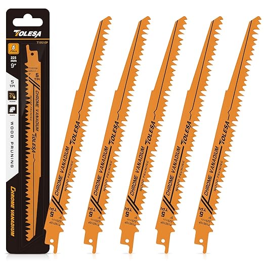 TOLESA Wood Pruning Reciprocating Saw Blades 9 inch 5 TPI Sawzall Blades Green Wood Construction and PVC Pipe CRV Sharp Ground Teeth for Quick Cutting Sabre Saw Blades 5 Pack