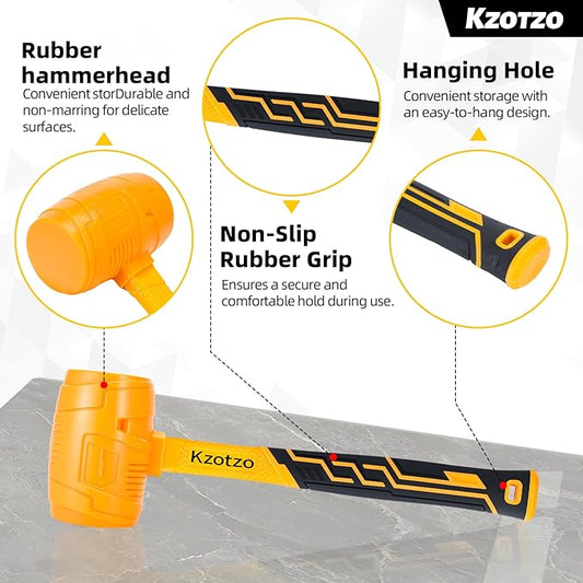 16oz Rubber Mallet Hammer, Fiberglass Handle, Rubber Mallet for Flooring, Tent Stakes, Woodworking, Camping, Soft Blow Tasks without Damage， 2025 upgraded seamless rubber hammer（yellow） (16OZ)