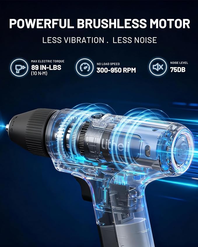 Litheli 4V Cordless Drill & Screwdriver, Brushless Power Drill Set with 2 Variable Speeds, 3/8" Keyless Chuck, 4000mAh Rechargeable Battery, LED Light, for Home DIY & Furniture Assembly