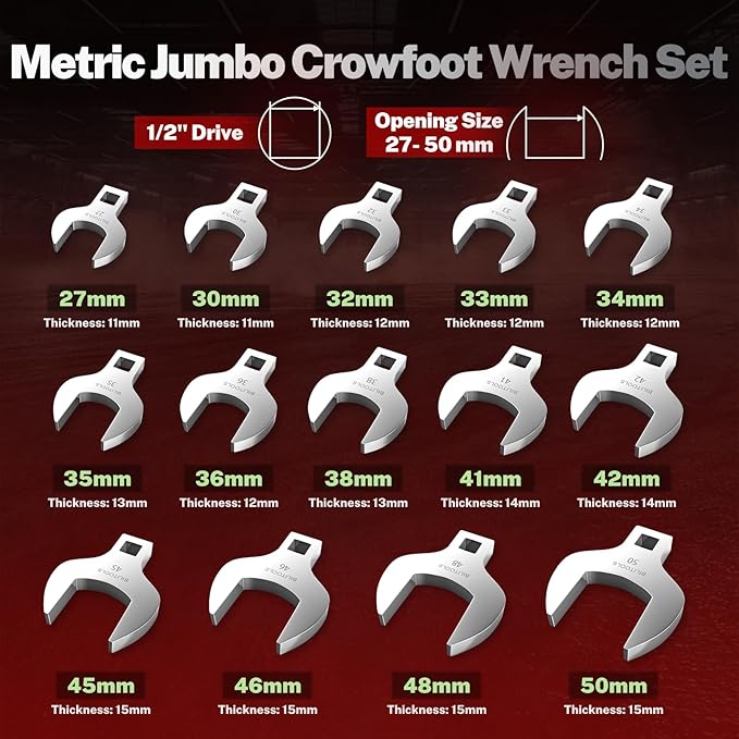 BILITOOLS 14-Piece Jumbo Crows Foot Wrench Set, 1/2" Drive Big Crowfoot Wrench, Metric, 27-50 mm, CR-V Steel