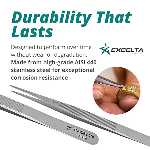 Excelta JS-4 Gemologist Forceps, Straight Medium Tweezers, 0.035” Tip, Precision Gem Handling Tool, Stainless Steel AISI 440, Conductive Surface, Ideal for Jewelry & Gemstone Work, Made in Switzerland