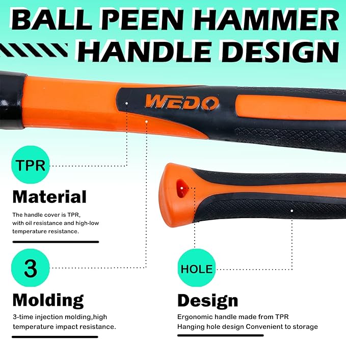 WEDO Ball Peen Hammer, Ball Pein Hammer with Fiberglass Handles 32oz(2 lb), High Carbon Steel,Shock Resistant, Non-Slip Handle, Die-forged, Strong Torque, DURABLE, 340mm Length