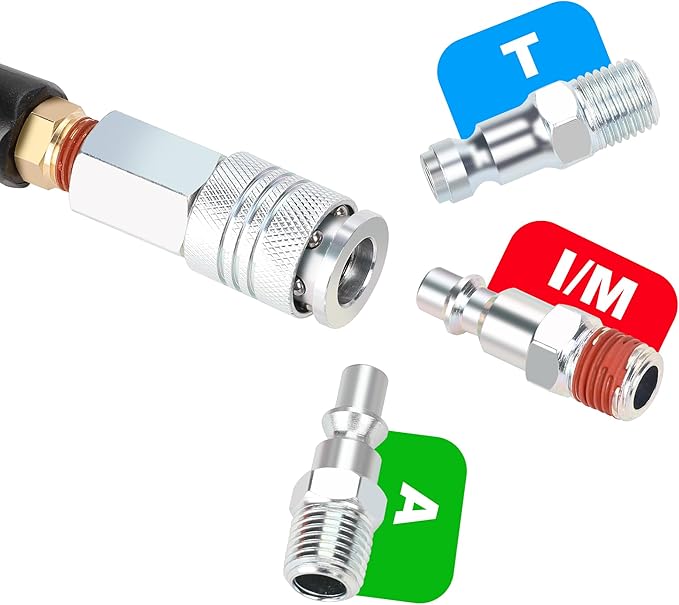 Hromee 1/4 in x 30 ft Polyurethane Recoil Air Compressor Hose with Bend Restrictors Compressor Hose with 1/4" Industrial Universal Quick Coupler and 4PCS I/M Plug Kit, Red