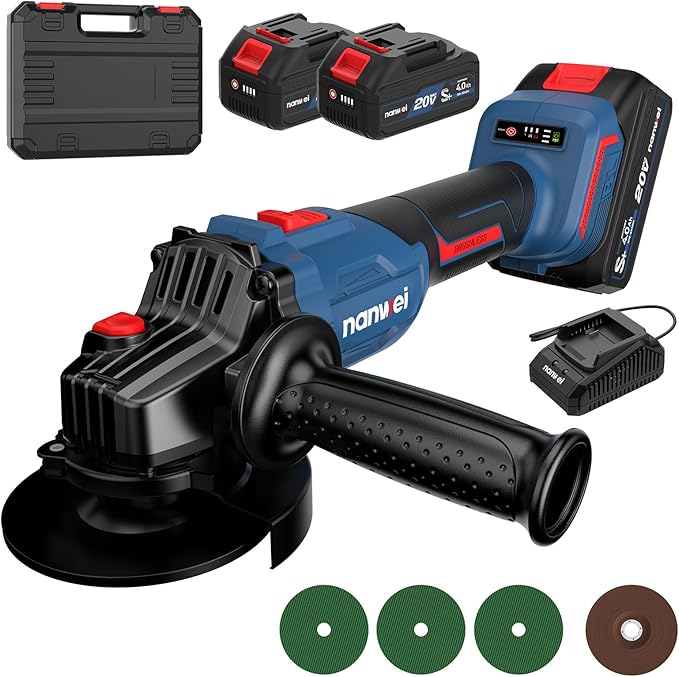 NANWEI 4-1/2" Angle Grinder Tool Cordless Brushless,3 Variable Speed Angle Grinder竊?Pcs 4.0Ah 20V Batteries竊똌ax 9800rmp竊?Pcs Cutting Discs For Cutting Grinding Polishing (5" - Battery Set)