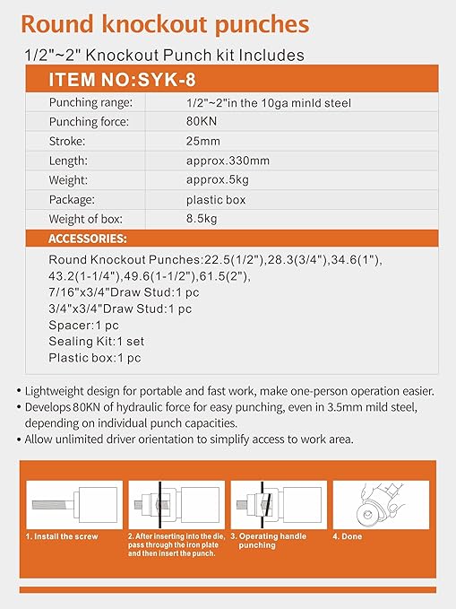 AMZCNC 8 Ton 1/2" to 2" Hydraulic Knockout Punch Driver Tool Kit Electrical Conduit Hole Cutter Set KO Tool Kit with 6 Dies Hole Complete Tool (Knockout Punches) (8T竊?/2"~2"竊?