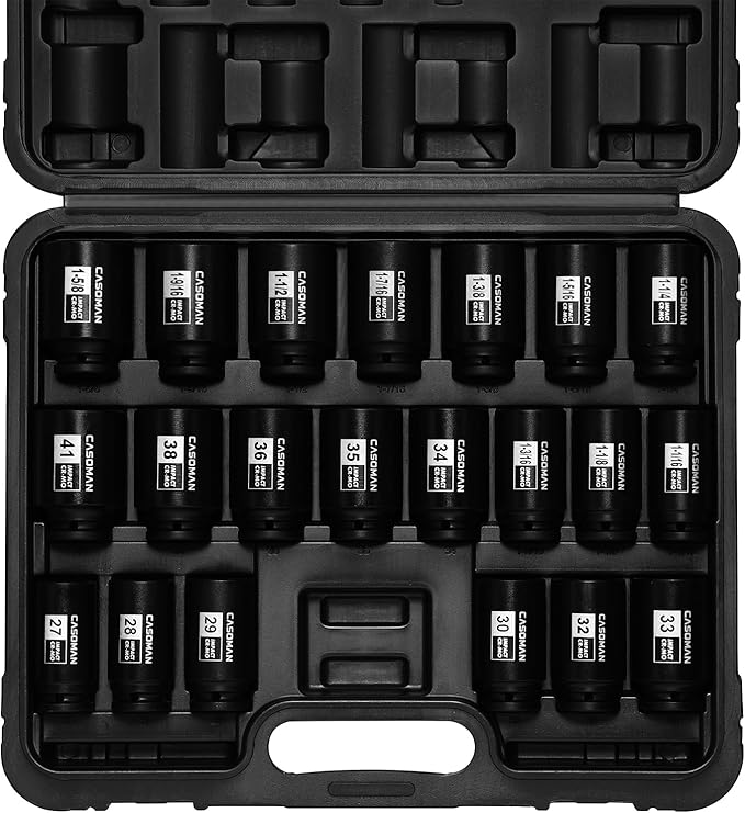 CASOMAN 1/2??Drive Deep Big Impact Socket Set, 21 - Piece Large Spindle Axle Nut Impact Wrench Socket Set, 6 Point, CR-MO, Metric & SAE, 27mm - 41mm, 1-1/16" - 1-5/8"