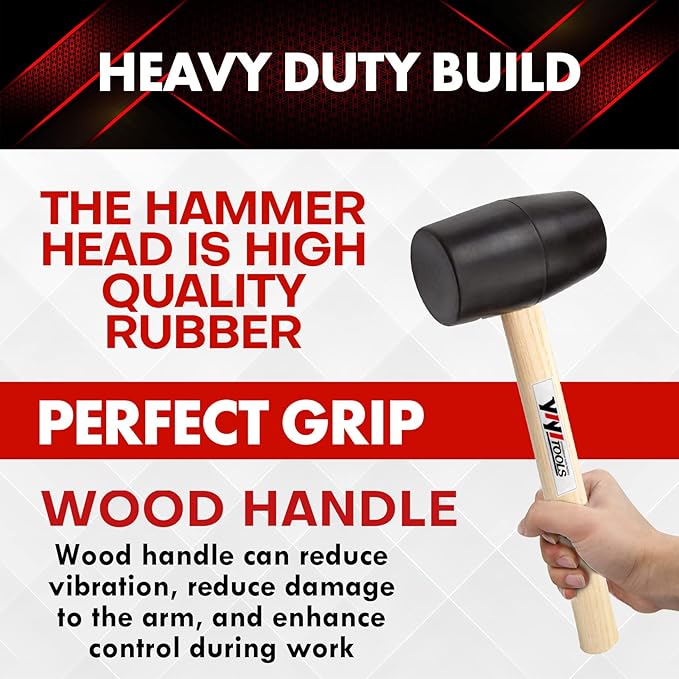 YIYITOOLS YY-2-005 Rubber Mallet Hammer With Wood Handle–24-oz, black