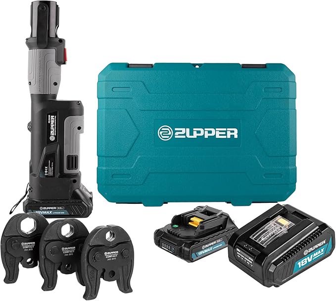 ZUPPER Compact Pro Press Tool kit with 1/2", 3/4", 1" Copper Pro Press Jaws, 2pcs Battery, Fast Charger & Carrying Case