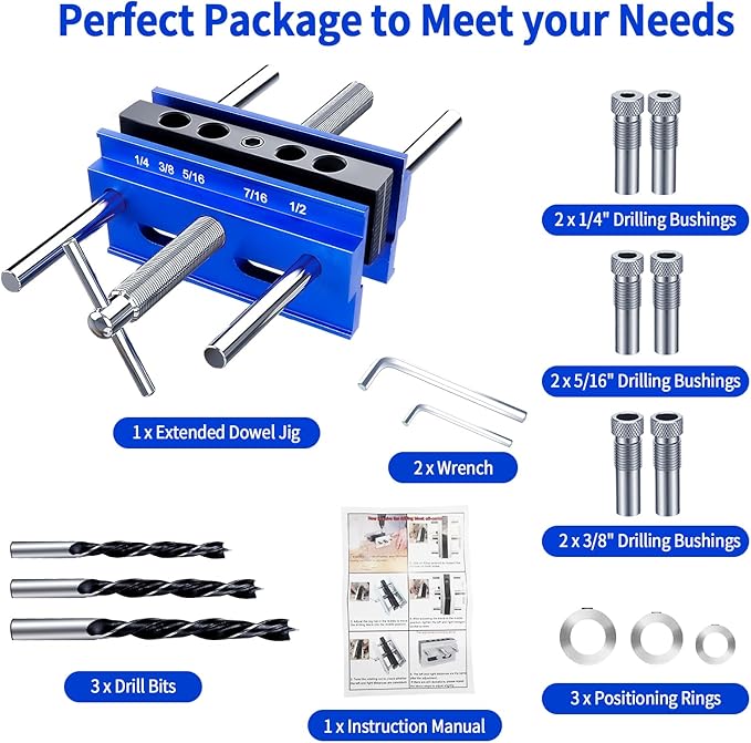 Self Centering Dowel Jig Kit, Drill Jig for Straight Holes Biscuit Joiner Set, Adjustable Drilling Guide Wood Working Tools with 3 Drill and 6 Drill Guide Bushings, Wood Doweling Jig for Woodworking