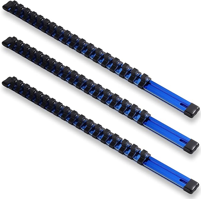 ALOANES 3-Piece 3/8-Inch Drive Aluminum Alloy Socket Organizer, Heavy Duty Socket Racks, Socket Holder Kit for Toolbox Drawer Fit 3/8-Inch x 54 Clips (Blue)