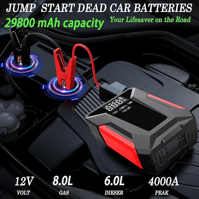 Car Jump Starter with Air Compressor, 4000A Portable Car Battery Jump Starter (8L Gas/6L Diesel), 12V Battery Charger Booster,150PSI Auto-Shutoff Tire Inflator, Portable Jumper Cables