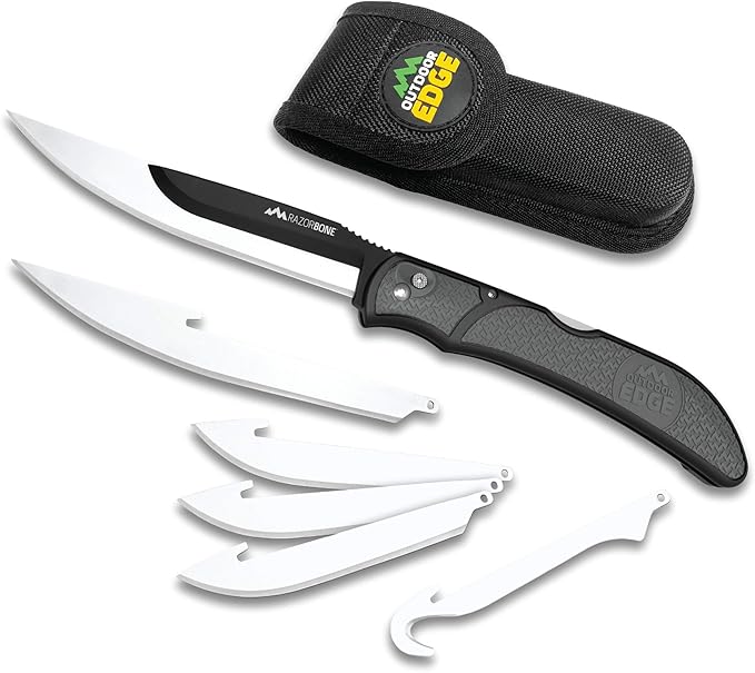 OUTDOOR EDGE RazorBone Replaceable Blade Folding Hunting Knife with Clip & Sheath. 3 Butcher Knife Blade Styles - Boning, Gutting, & Skinning Knives. Gray, Camo Sheath, 6 Blades & Blade Box
