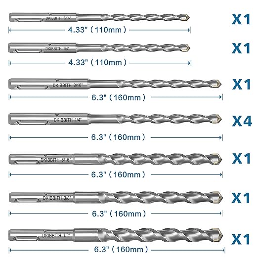 10-Piece SDS Plus Drill Bits Rotary Hammer Drill Bit Set, Carbide Tipped for Drilling Concrete Cement Porcelain Tiles Ceramic Pots Stone Brick, Dia 3/16" 1/4" 5/16" 3/8" 1/2"
