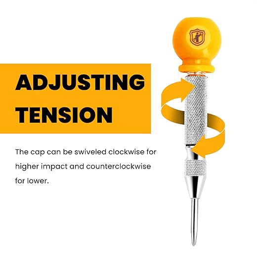 MulWark 5" Spring-Loaded Automatic Steel Center Hole Punch Marker Scriber for Wood, Metal, Plastic, Car Window Puncher Breaker Tool-with Palm Cushion Cap, Adjustable Impact-A Replacement Tip Included
