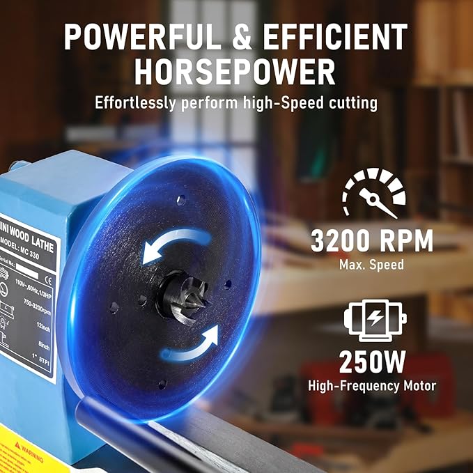 Mini Benchtop Wood Lathe, 8" x 12" Small Wood Lathe Machine 1/3 HP Infinitely Variable Speed 750-3200 RPM with Wood Turning Lathe Tools Kits Professional for DIY Woodworking
