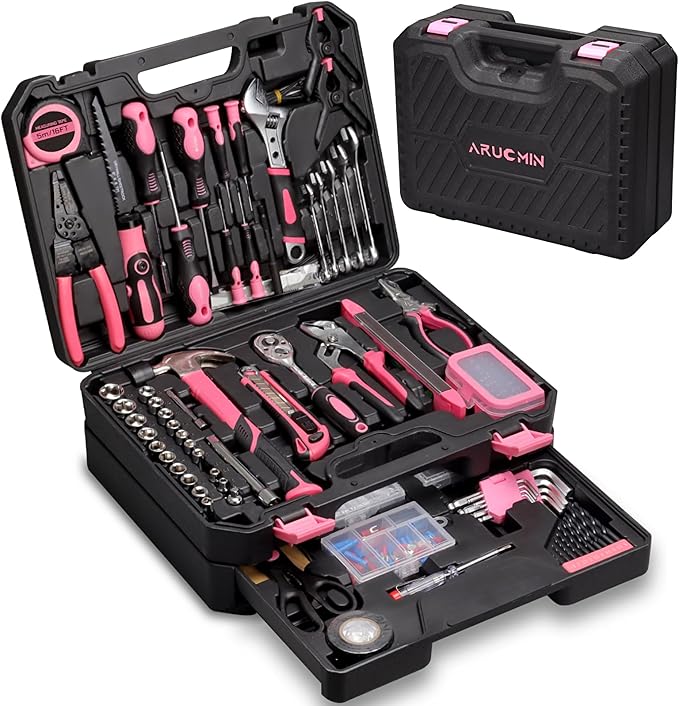 ARUCMIN 450-Piece Pink Tool Set, Home Tool Kit with Toolbox Storage Case Home Repair Tool Kit with Drawer for Women