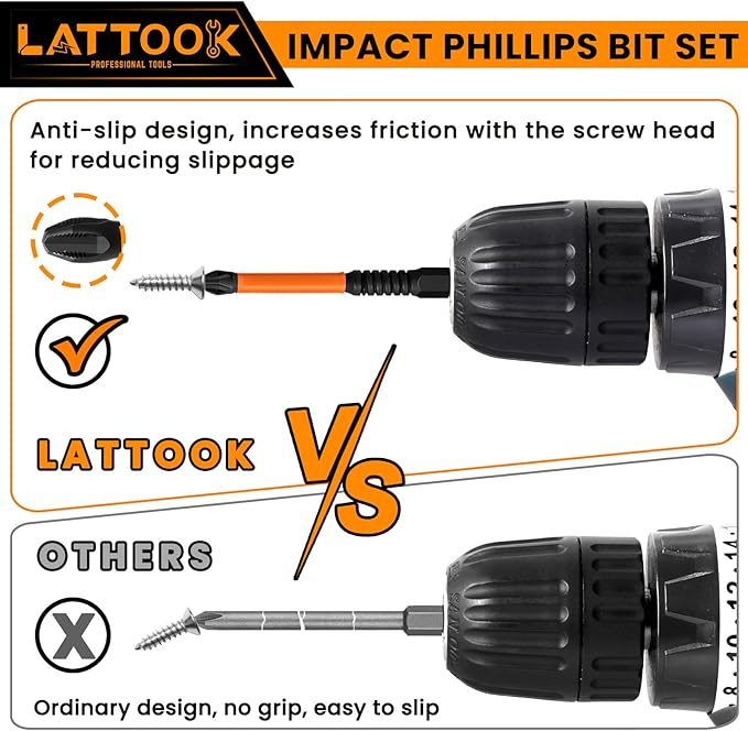 13-Pack Impact Phillips Bits Set, LATTOOK #1, #2, #3 Magnetic Anti Slip Long Phillips Screwdriver Bits Set, 1/4" Hex Shank S2 Steel, Ph1, Ph2, Ph3
