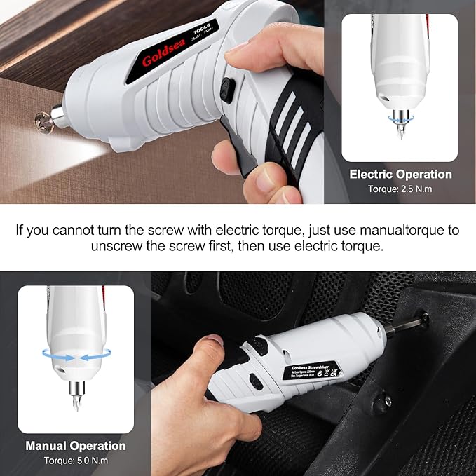 Electric Screwdriver Cordless, Goldsea 4.2V 3.5N.m 1500mAh Battery Rechargeable via Type-c, 1/4" 10pcs Magnetic Bits, Hex Chuck, 90째 to 180째 Adjustable Handle, LED Light for Home DIY & Repairs-Gray