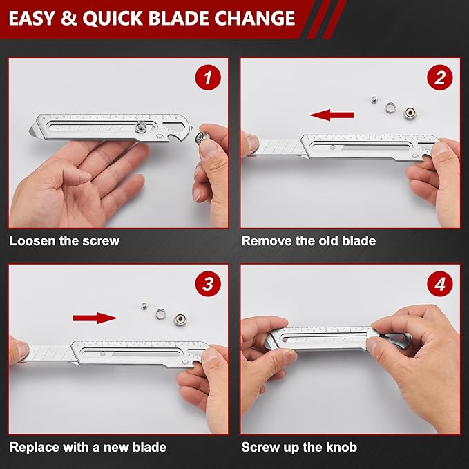 BECOWIN 7-In-1 Mutipurpose Utility Knife, Stainless Steel Retractable Box Cutter, Heavy Duty Snap off Cutter Knife with 10PC 18MM SK5 Blades, Safety Lock Design