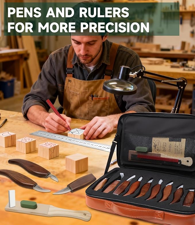Wood Carving Kit, 30Pcs Wood Carving Tools Set with Leather Storage Bag, Deluxe Whittling Kit, 9 Wood Carving Knives 5 Chisels 4 Blocks Woodworking Tools for Beginners Enthusiasts Adults Gift