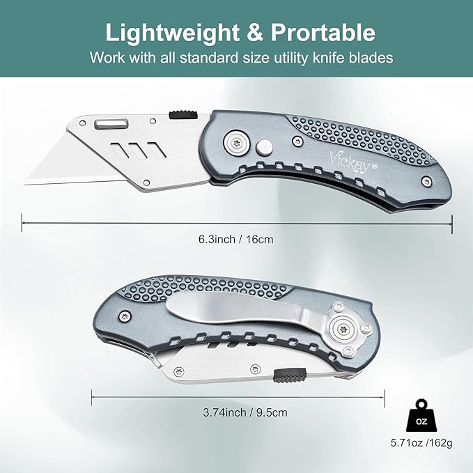 Vickay Folding Utility Knife, Box Cutter with Heavy Duty SK5 Quick Change Blades, Safety Axis Lock Design Razor Knife, Lightweight Aluminum Handle Belt Clip for Office Home Artcraft (Grey)