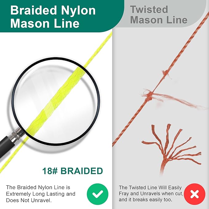 2 Pack Mason String Line Reel for Construction, Twisted 540 FT #18 Braided Nylon String with 10 Mason Line Level, High Visibility Braided Nylon Twine for Masonry Tools, Gardening, DIY(Yellow)