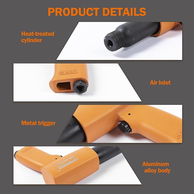 UW-AH250P Long Barrel Air Hammer Kit with Quick Change Retainer and 4 Chisels, 3-5/8 Inch Stroke, 2200 BPM, Light weight (AH250P - Long Barrel)