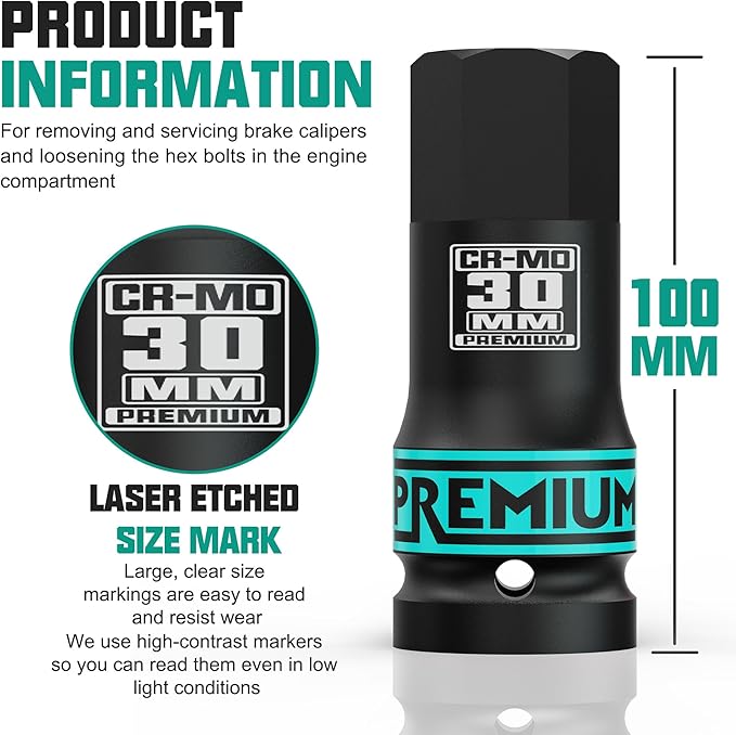 3/4" Drive H30 Impact Hex Bit Socket, 30 mm Allen Bit Socket, Metric, Cr-Mo Steel, Car Maintenance, Furniture Installation, Mechanic Use