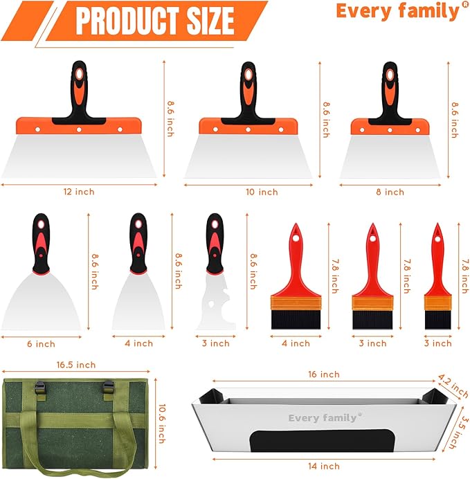 Drywall Knife Set, Putty knife,15 Piece Paint Scraper Tool Set,14" Mud Pan for Repairing Drywall, Removing Wallpaper, Plaster, Adhesive, Cement, Applying Putty