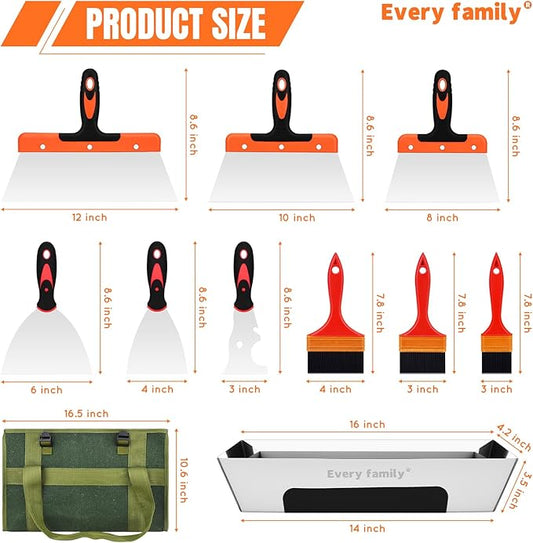 Drywall Knife Set, Putty knife,15 Piece Paint Scraper Tool Set,14" Mud Pan for Repairing Drywall, Removing Wallpaper, Plaster, Adhesive, Cement, Applying Putty