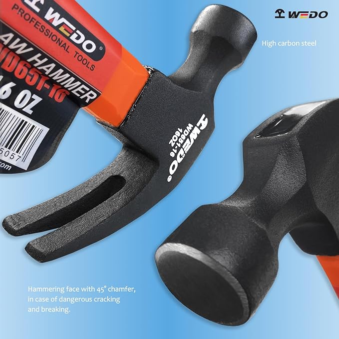 WEDO Pry Bar and Claw Hammer Set,12" Flat Pry Bar Nail Puller,16oz Claw Hammer,High Carbon Steel Crowbar,Cat Paw Nail Remover,Utility Claw Bar Tool for Home Remolding,Woodworking