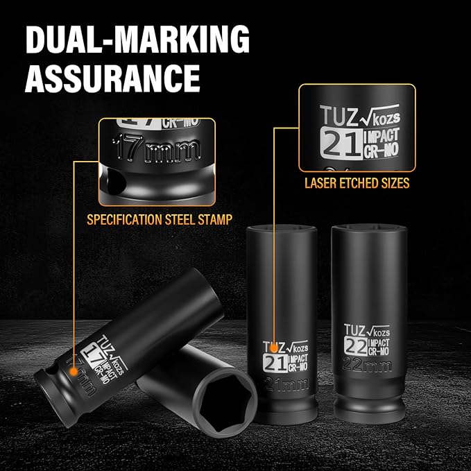 4 Pieces 1/2 inch Drive Deep Impact Socket Set,Metric,17mm 19mm 21mm 22mm,Cr-Mo,6-Point,Spindle Axle Nut Impact Socket