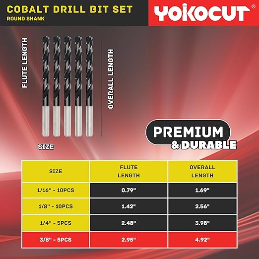 3/8 Inch Cobalt Drill Bit 5PCS | High Speed Steel | Drill Bit for Stainless Steel and Hardened Metal | HSS M35 Titanium Aluminum Nitride Coating