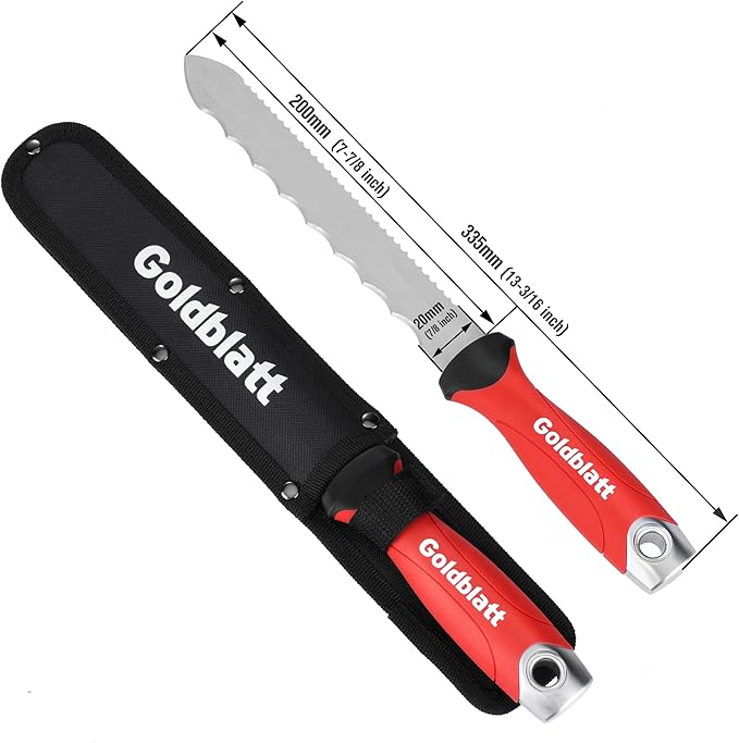 Goldblatt Insulation Knife, 8 Inch Stainless Steel Blade - Serrated Sharp Double Side Insulation Cutter Tool for Cutting Heat Material, Styrofoam - Rockwool Sod Cutter Lawn Repair Garden Knife