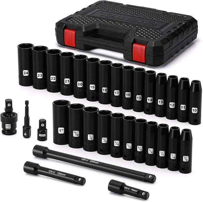 EMENTOL 1/2" Drive Socket Set, 32-Piece Deep Impact Sockets, SAE(3/8"-1") & Metric(10-24mm), Including Extension Bars, Universal Joint, Drill&Socket Adapter, Cr-V Steel