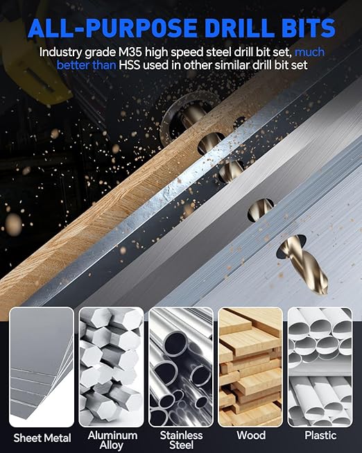 COMOWARE Cobalt Drill Bit Set- 29Pcs M35 High Speed Steel Twist Jobber Length for Hardened Metal, Stainless Steel, Cast Iron and Wood Plastic with Metal Indexed Storage Case, 1/16"-1/2"