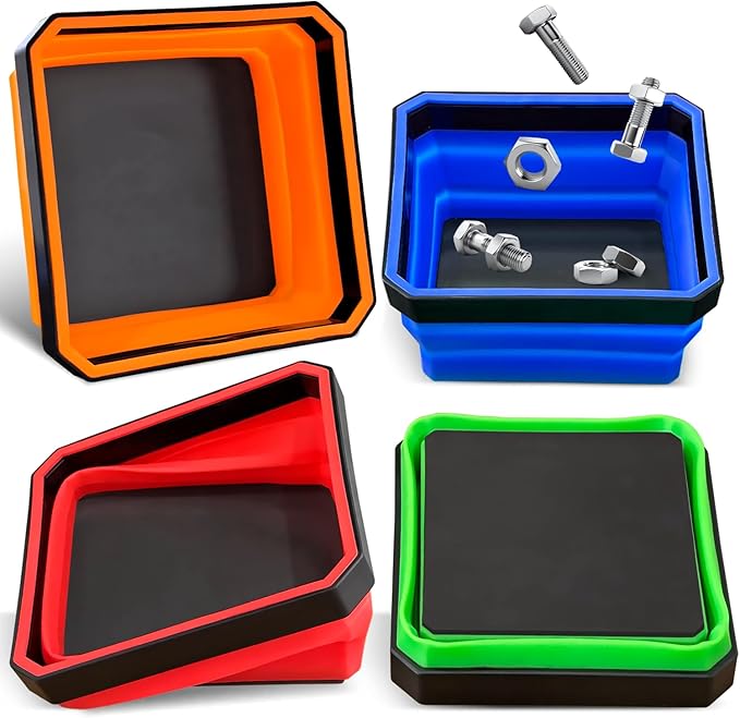 Collapsible Magnetic Parts Tray Set, 4 Pack Foldable Silicone Magnetic Tool Trays for Bolts Screws Nuts & Small Metal Parts, 4.5??Upgraded Square Silicone Bowls with Dual-Sided Magnetic Base