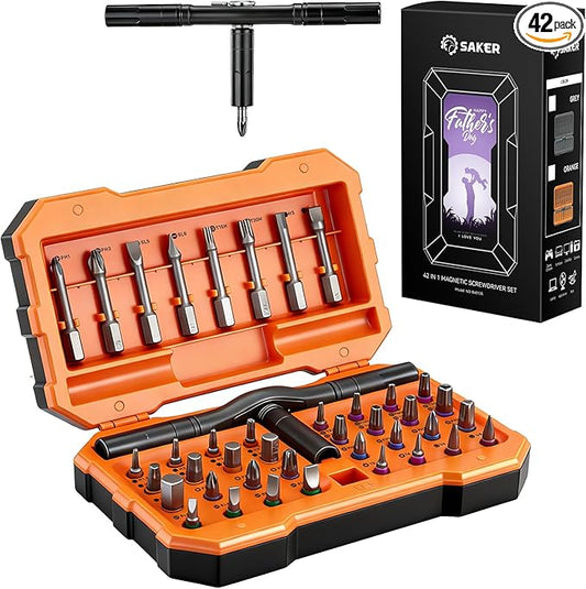 Saker 42-in-1 Magnetic Screwdriver Set for Father?셲 Day Gift, Screwdriver Set with T Handle & Storage Case, for Men Gift, Furniture, Computer, Bicycle, and DIY, Orange