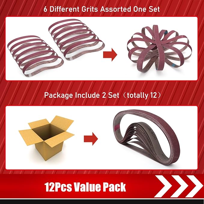 24 Pcs 1/2x18 Inch Sanding Belts, Replacement Knife Sharpener Sanding Belt Kit for Work Sharp Knife Tool Sharpener 60/80/120/180/240/400 Assorted Grits Sanding Belts for Belt Sander