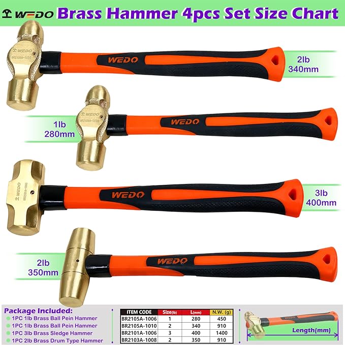 WEDO 4PCS Hammer Set,3lb Sledge Hammer,1lb Ball Pein Hammer,2lb Ball Pein Hammer,2lb Drum Type Hammer,Brass,Fiberglass Handle,Die-Forge,Corrosion Resistant