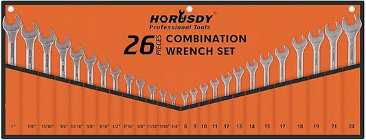 HORUSDY 26-Piece Durable Combination Wrench Set with Roll-up Pouch, Open End Wrench Set for General Household, Garage, Auto Repairs, SAE 1/4??- 1??and Metric 8mm - 24mm