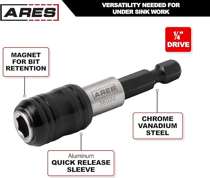 ARES 36000 - One Touch Bit Holder - One Touch Mechanism Makes Bit Change a Breeze - Works With All 1/4-Inch Drive Bits