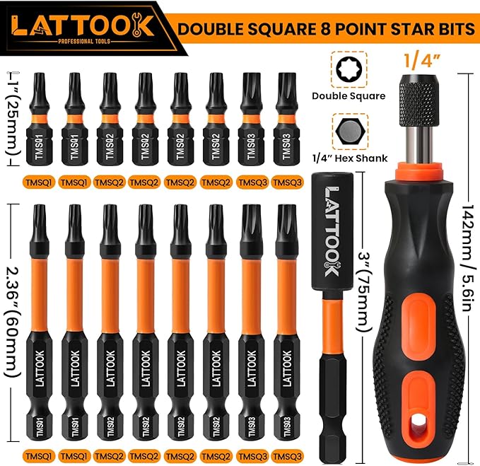Double Square 8 Point Star Bit Set with Quick Change Bit Driver, LATTOOK 17PCS 8 Point Star Bits 2 Square Drive Bits, Magnetic S2 Steel, 2.3'' & 1'' Long, #1, #2, #3