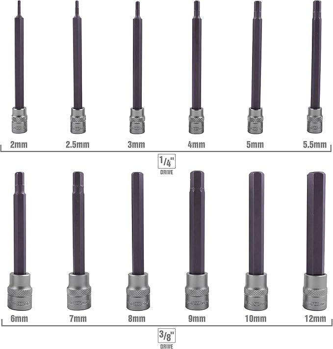 OEMTOOLS 23903 12 Piece Metric Magnetic Long Hex Bit Socket Set, Metric Hex Sockets, 1/4" and 3/8" Drive Long Metric Hex Socket Set, Allen Bit Sockets